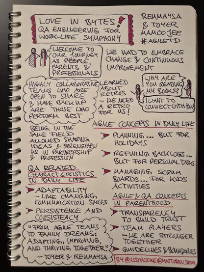 Sketchnote of talk "Love in Bytes: QA Engineering for Work-Life Symphony" by Toyer Mamoojee & Reumaysa Mamoojee at Agile Testing Days 2024

Two sketch figures with speech bubble: "Welcome to our journey as people, parents and professionals"

We had to embrace change and continuous improvement

Sketch figure with speech bubble: "Why are you reading my books?"

Sketch figure with speech bubble: "I want to connect with you!"

Learned about retros - we need a retro for us!

Insight, circled like a cloud: Highly collaborative teams who are open to share and have backup are those who perform best

Being in the same field allowed sharing ideas and strengthen us in partnership and profession

Agile concepts in daily life, list of three points:

Planning... but for holidays

Refining backlogs... but for personal tasks

Managing Scrum boards.... for kids activities

QA related characteristics in daily life, list of two points:

Adaptability - like changing communication styles

Persistence and consistency

Agile and QA concepts in parenthood, list of three points:

Transparency to build trust

Team players - we are stronger together

Guidelines and boundaries

Insight, circled like a cloud: "From agile teams to family dreams: adapting, improving, and thriving together." - Toyer & Reumaysa

Sketchnote author: @lisihocke@mastodon.social
