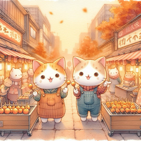 秋の商店街で食べ歩きする猫たち