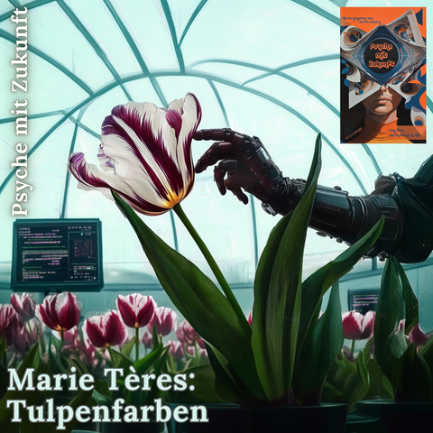 Hintergrund:
Midjourney Prompt: science-fiction, a futuristic greenhouse, the tulip variety Semper Augustus with white petals that have purple and violet stripes, a man with an android hand touches the flowers, futuristic devices and a futuristic glass dome, futuristic computer panels in the background, low angle --style raw --v 6.1

Rechte obere Ecke:
Cover des Buchs "Psyche mit Zukunft" von Jol Rosenberg

Text:
Marie Tères: Tulpenfarben. Psyche mit Zukunft