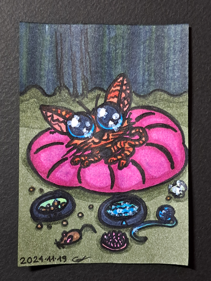 Un dessin représentant un chat roux tigré avec de gigantesques yeux tout bleus, posé sur un coussin rose, avec devant lui un bol de croquettes, un bol d'eau, une boule d'aluminium, une pelote, une brosse circulaire et une souris jouet ; sur un sol gris-vert avec un rideau noir derrière.