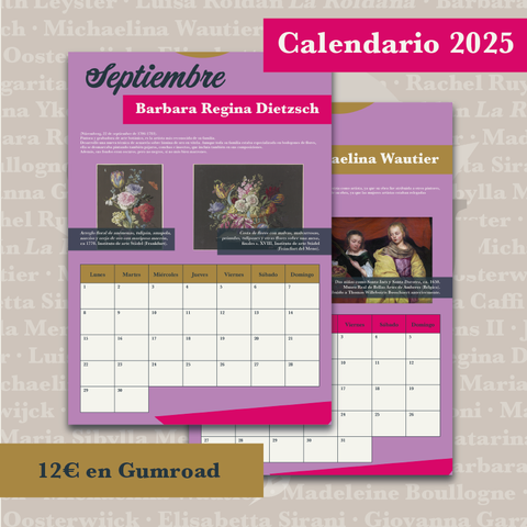 Hojas de septiembre y octubre sobre el fondo ampliado de la portada. En sendas cartelas se lee: "Calendario 2025" y "12€ en Gumroad”. Ambos meses tienen la misma estructura de arriba a abajo: círculo dorado, nombre del mes, cartela con el nombre de la artista, breve biografía, dos obras con cartelas explicativas, cuadrícula del mes encabezada por los nombres de la semana y triángulo fucsia.