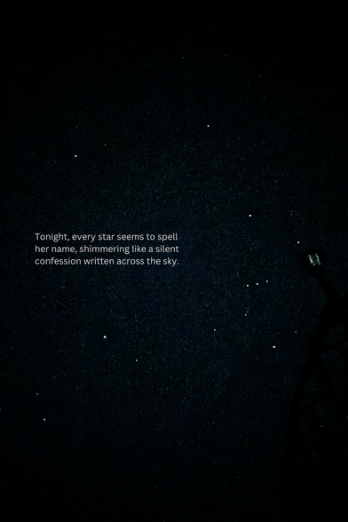 A starry night sky with a poetic quote reading, "Tonight, every star seems to spell her name, shimmering like a silent confession written across the sky."