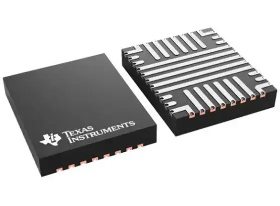 Rendering of a Texas Instruments chip that looks like a QFN, but whose underside has long lines of metal connecting pads on opposite sides.