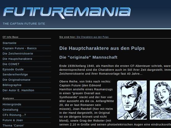 Screenshot der Website "Futuremania" - Sektion "Die Hauptcharaktere aus den Pulps": Schwarzer Hintergrund, weiße Schrift, Navigationsmenü links in hellblau, graue Überschriften. Dargestellt sind Zeichnungen aus den Pulps der 1940er Jahre
