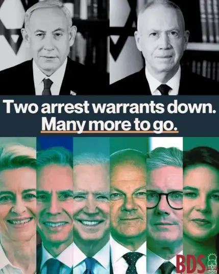 a collage of war criminals

top: Netanyahu, and Gallant

bottom: von der Leyen, Blinken, Biden, Scholz, Stramer, and Baerbock

middle text: Two arrest warrants down. Many more to go.