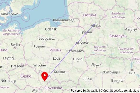 A map showing the great circle route from Vilnius in Lithuania to a map pin at Bazilika Nanebevzetí Panny Marie, Křížová cesta Jurkovičova, 768 72 Chvalčov, Czechia
