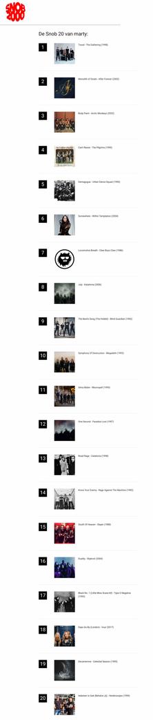 Snob 2000 songs I voted for in this year's edition.

Travel - The Gathering (1998)
Monolith of Doubt - After Forever (2002)
Body Paint - Arctic Monkeys (2022)
Can't Resist - The Pilgrims (1995)
Demagogue - Urban Dance Squad (1994)
Somewhere - Within Temptation (2004)
Locomotive Breath - Claw Boys Claw (1986)
July - Katatonia (2006)
The Bard's Song (The Hobbit) - Blind Guardian (1992)
Symphony Of Destruction - Megadeth (1992)
Alma Mater - Moonspell (1995)
One Second - Paradise Lost (1997)
Road Rage - Catatonia (1998)
Know Your Enemy - Rage Against The Machine (1992)
South Of Heaven - Slayer (1988)
Duality - Slipknot (2004)
Black No. 1 (Little Miss Scare-All) - Type O Negative (1993)
Days Go By (London) - Vuur (2017)
Decamerone - Celestial Season (1995)
Iedereen Is Gek (Behalve Jij) - Heideroosjes (1999)