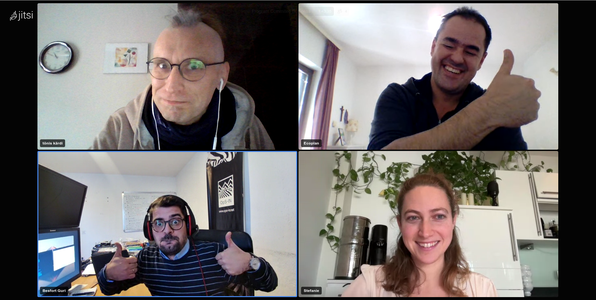 Screenshot of Jitsi meeting for FOSS4G Europe 2025 General Program Committee discussing final details of call for proposals for presentations and workshops featuring Stefanie, Besfort, Marko, and Tõnis