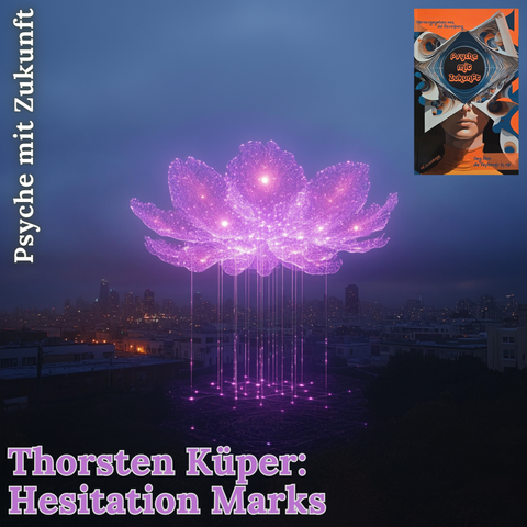 Hintergrund:
Midjourney Prompt: a purple flower formed from hundreds of thousands of purple glowing mini drones, in the night sky, san francisco bay, science fiction, panorama view --style raw --stylize 500 --v 6.1

Rechte obere Ecke:
Cover des Buchs "Psyche mit Zukunft" von Jol Rosenberg

Text:
Thorsten Küper: Hesitation Marks. Psyche mit Zukunft