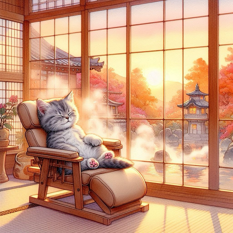 銭湯の休憩のマッサージチェアを堪能する幸せそうな表情の灰色の猫。夕陽が差し込み、温かい雰囲気の中でまどろんでいる。