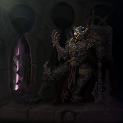 digital illustration of a warhammer tzeentch chosen(a baroque-looking armored person) with a metallic arm,sitting on a stone throne. Floating scrolls and pages can be seen in the distance