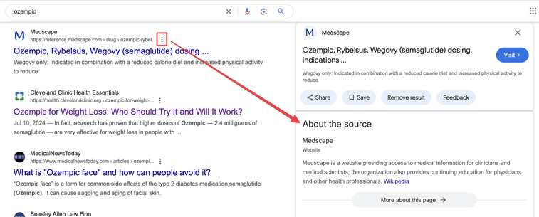 Screenshot of Google search with three vertical dots that reveal source details highlighted in red.