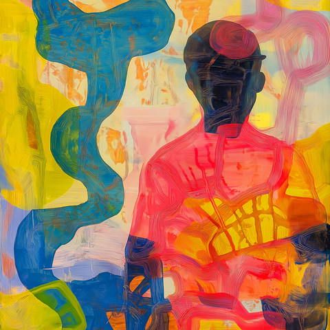 This abstract painting features the silhouette of a figure, likely a baseball player, immersed in a vibrant composition of bold, colorful strokes. The figure is rendered in dark tones, creating a striking contrast against a palette dominated by bright pinks, yellows, and blues. The torso is highlighted with radiant red and yellow hues, giving a sense of energy and movement, as though the player is in the midst of action or illuminated by sunlight. The background is a dynamic mix of swirling blue and yellow shapes, creating a sense of fluidity and spontaneity. The textured brushstrokes and layered colors give the painting depth, while the abstract forms suggest motion and vitality, reminiscent of the fast-paced excitement of a game. The lines and curves throughout the artwork create a rhythmic flow, guiding the viewer’s eye across the canvas.