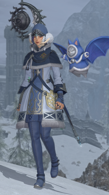 Berin Rinrin wandering through a snowy mountain-region with her weatherproof gaelicat.