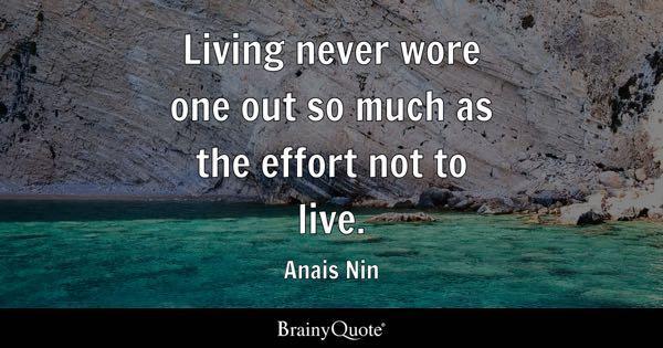A self searching quote by author, Anais Nin:

Living never wore one out so much as the effort not to live.

Background of image appears to be an aqua blue body of water with silvery, rocky cliffs behind it.