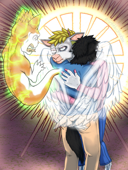 An anthro border collie in a blue long-sleeved tee shirt and beige sweatpants who seems to be crying with his back to the viewer embraces an anthropomorphic ewe in a pink sweater and blue jeans.  A pair of spectral angel wings emanates from the ewe and encircles the border collie in a protective posture.  The ewe's eyes glow as her gaze of judgments falls upon a ghostly orange-and-white cat who has emerged from the border collie's back.  The cat is surrounded by green electric arcs and hisses angrily at the ewe.  An early renaissance styled halo encircles the heads of the ewe and border collie, and the glow reaches to the edges of the canvas.