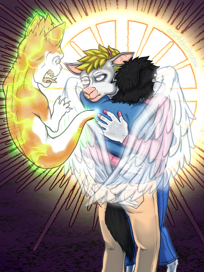 An anthro border collie in a blue long-sleeved tee shirt and beige sweatpants who seems to be crying with his back to the viewer embraces an anthropomorphic ewe in a pink sweater and blue jeans.  A pair of spectral angel wings emanates from the ewe and encircles the border collie in a protective posture.  The ewe's eyes glow as her gaze of judgments falls upon a ghostly orange-and-white cat who has emerged from the border collie's back.  The cat is surrounded by green electric arcs and hisses angrily at the ewe.  An early renaissance styled halo encircles the heads of the ewe and border collie.  A glow reaches to the edges of the halo, but the rest of the canvas is dark purple.