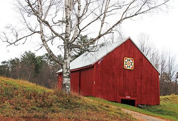 An old red barn with a quilt square on the end stands on a knoll behind a leafless birch tree.