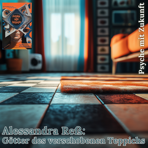 Hintergrund:
Midjourney Prompt: close-up, a pile carpet lies on a tiled floor with a checkerboard pattern, a futuristic apartment, low angle --v 6.1

Linke obere Ecke:
Cover des Buchs "Psyche mit Zukunft" von Jol Rosenberg

Text:
Alessandra Reß: Götter des verschobenen Teppichs. Psyche mit Zukunft