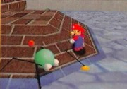 An image of Mario next to a Skeeter enemy in Super Mario 64's "Wet-Dry World" level.