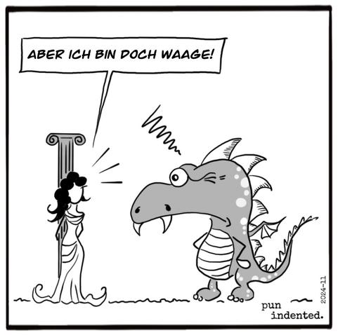 Ein Cartoon. Eine Frau soll einem Drachen geopfert werden. Sie ruft: Aber ich bin doch Waage!