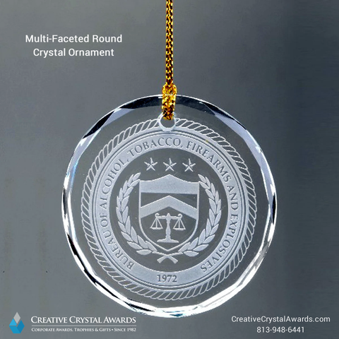 Multi-faceted round crystal ornament, engraved holiday-gift, crystal round ornament, faceted crystal Christmas ornament, engraved glass ornament, personalized crystal holiday ornament, corporate holiday ornament, promotional holiday ornament, corporate Christmas gift, Creative Crystal Awards USA