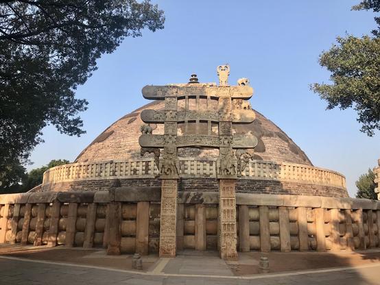 The Great Stupa No. 1 of Sanchi, built at the time of Ashoka, rebuilt and extended in the 2nd century BC. In the foreground is the eastern torana.