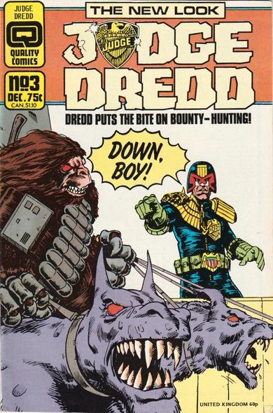 The front cover of Judge Dredd Vol 2 No 3 for December 1986, featuring cover art by Streve Dillon showing Dredd confronting the  interplanetary bounty hunter Trapper Hag and his two hellhounds.