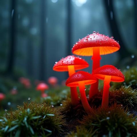 Close-up of glowing red mushrooms with water droplets in a dark forest by night, very dense mist, and ground fully covered for green moss with heavy rain