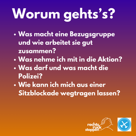 Das Bild zeigt eine Veranstaltungsankündigung mit dem Titel "Rechtsruck Stoppen Aktionstraining". Der Hintergrund des Bildes zeigt Silhouetten von Menschen, die in Bewegung sind, in einem Verlauf von violetten und orangefarbenen Farbtönen. Im unteren Teil des Bildes steht das Datum "29.11." in großen, weißen Ziffern. Darunter sind die Uhrzeit "13-18 Uhr" und der Veranstaltungsort "Demokratischer Jugendring, Seidelstraße 21, 07749 Jena" angegeben, jeweils mit einem Uhrsymbol und einem Standortsymbol davor. In der unteren rechten Ecke des Bildes befinden sich zwei Logos: das Logo von "rechtsruck stoppen" mit zwei ineinandergreifenden Händen und ein weiteres von Ende Gelände, ein rundes blaues Symbol mit einem weißen Werkzeug-Symbol darin.