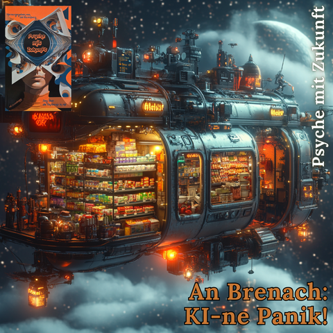 Hintergrund:
Midjourney Prompt: a small grocery store drifts separately in space, science-fiction, in the style of douglas adams hitchhiker's guide to the galaxy --stylize 500 --v 6.1

Linke obere Ecke:
Cover des Buchs "Psyche mit Zukunft" von Jol Rosenberg

Text:
An Brenach: KI-ne Panik!. Psyche mit Zukunft