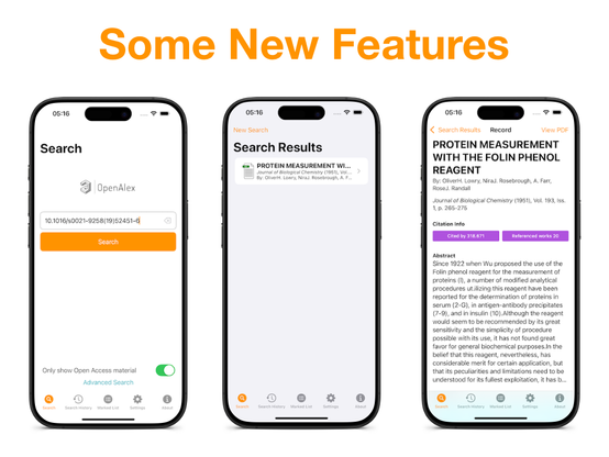 Image showing three screenshots of Open Access Helper (iOS) App:
Screenshot 1 shows a basic search with a DOI filled in.
Screenshot 2 shows a single results (of that DOI search)
Screenshot 3 shows detailed record, with Citation Information