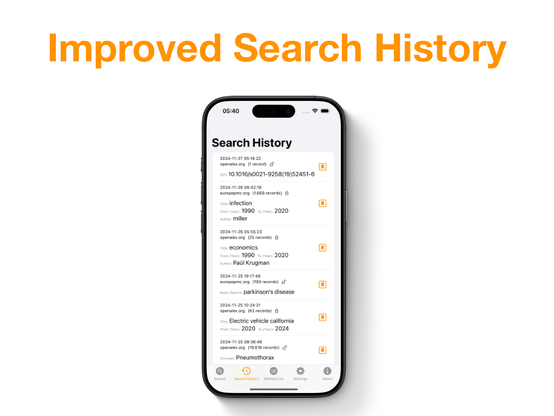 Improved Search History - screenshot of an iPhone app, that shows  Search History view in Open Access Helper