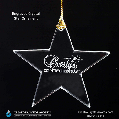 Engraved crystal star ornament, star crystal Christmas ornament corporate holiday gift, crystal holiday ornament, branded Christmas ornament, engraved glass Christmas ornament, engraved ornament crystal, crystal promotional ornament, Creative Crystal Awards USA