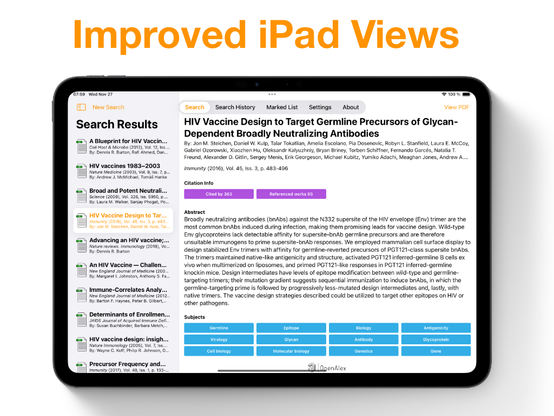 Screenshot showing Improved iPad Views for Open Access Helper. The screenshot shows a search result for "hiv vaccine". Left column, titled Search Results, shows found results, main section the selected record, including citation details and concepts