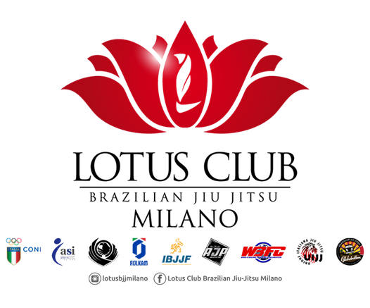 The brand of the Lotus Milano bjj gym with all the logos of the different federation associated with. The brand is a lotus flower