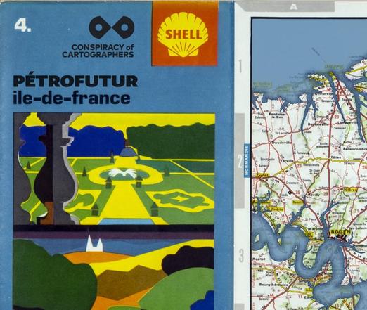 Cover of 1969 vintage Shell Oil road map of Ile-de-France, modified to be a Petrofuture map--66m sea level rise layered on top. The title now includes "Petrofutur"