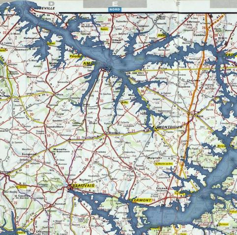 Detail of 1969 vintage Shell Oil road map of Ile-de-France, modified to be a Petrofuture map--66m sea level rise layered on top. 