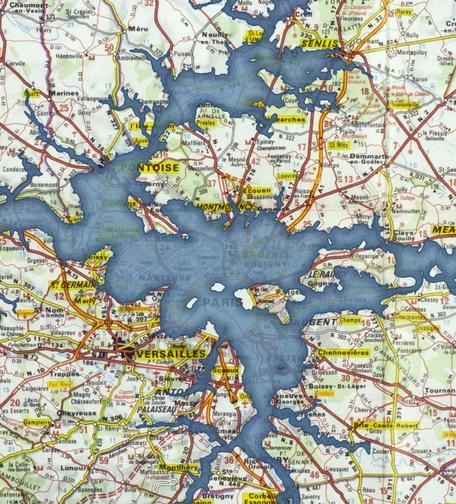 Detail of 1969 vintage Shell Oil road map of Ile-de-France, modified to be a Petrofuture map--66m sea level rise layered on top. This shows flooded Paris and the immediate surroundings