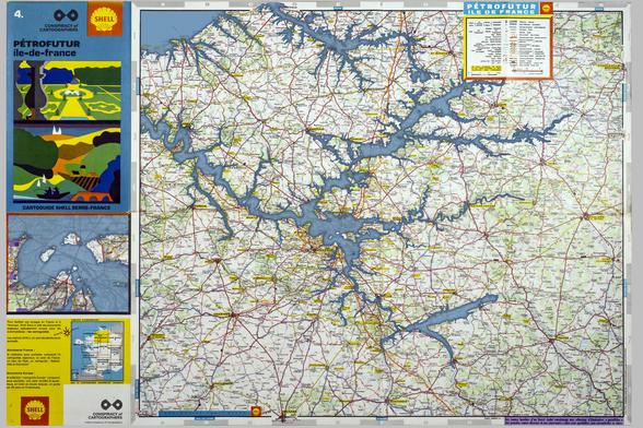 1969 vintage Shell Oil road map of Ile-de-France, modified to be a Petrofuture map--66m sea level rise layered on top.