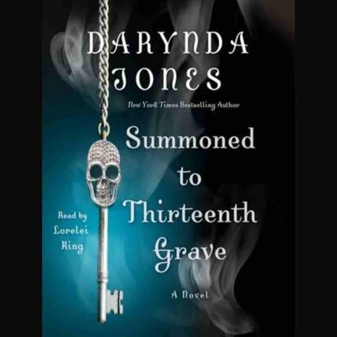 Book cover for Summoned to the Thirteenth Grave by Darydna Jones. A diamond skull key hanging from a chain with a teal and smokey background.