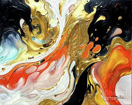 Dynamic swirls of vibrant colours blend together, creating an energetic and fluid composition. Rich reds, golds, and blacks intertwine to evoke a sense of movement and intensity.