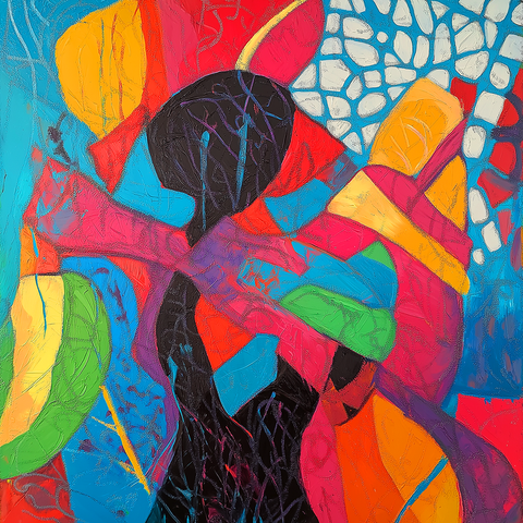 This vibrant abstract painting showcases a dynamic interplay of shapes, textures, and colors. At its core is a silhouetted figure in black, which appears to represent a baseball player or an athlete in motion, adding an air of strength and purpose. Surrounding the figure are bold, colorful shapes in shades of red, blue, yellow, green, and pink, layered and interwoven like a mosaic. The textured brushstrokes within each color block add depth and tactile quality, while the sharp contrasts between the dark silhouette and the bright background bring the composition to life. To the top right, a pattern of white stones against a turquoise backdrop evokes a sense of openness or freedom, possibly representing a stadium, sky, or abstracted energy.