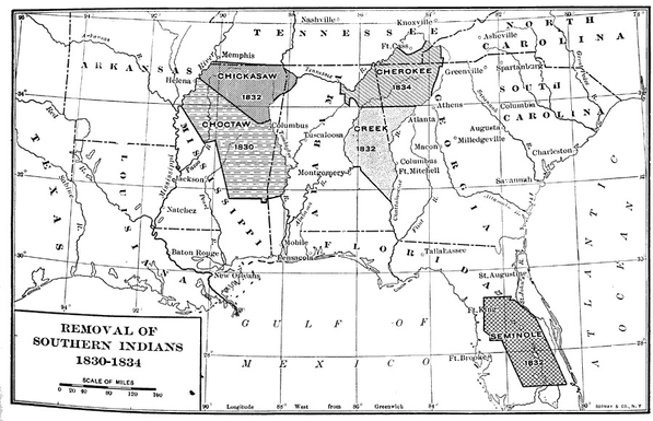 Map of the Five Tribes - the Cherokee, Chickasaw, Choctaw, Muscogee (Creek), and Seminoles