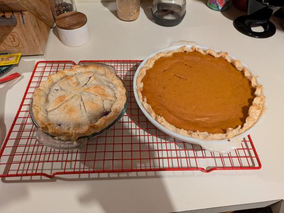 Blueberry and pumpkin pies, fresh from the oven.