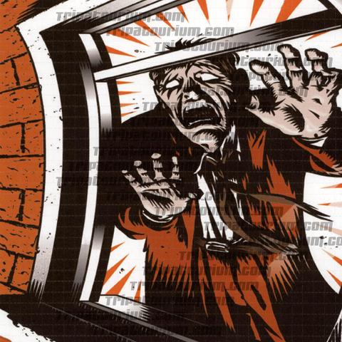 This is a scan of the limited edition LSD Blotter Art Print "Panic Attack" by Aidan "BRUTE" Hughes and published by the Tripatourium.  It's a cartoonish image told in red, white, and black.  A point of view is external to a building looking in through one of it's windows, framed within we see a man in a suit caught in the midst of a panic attack and clawing at the windows.  The print is done in traditional blotter art form with a perforation every 1/4 inch.