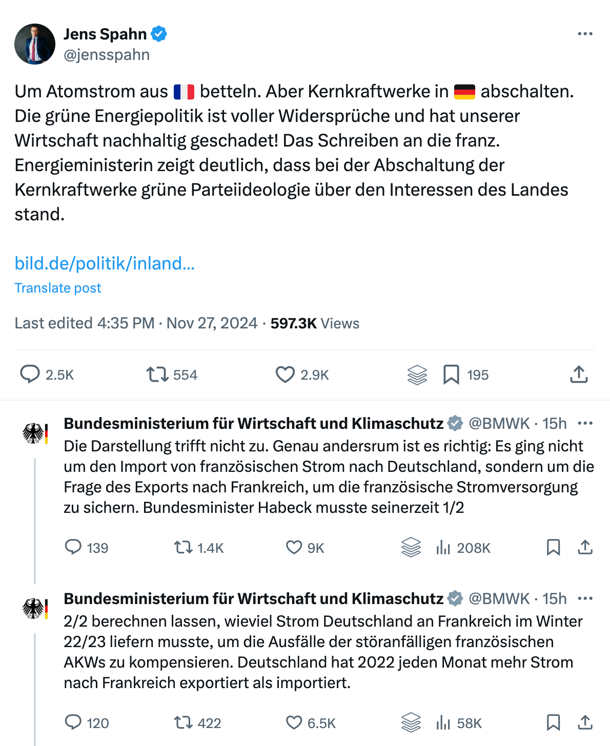 Mit Dank an @somlu1968: (Zusammenfassung)
 Ein Beitrag von Jens Spahn auf Twitter, der behauptet, wir bekämen Atomstrom aus Frankreich und wie widersprüchlich es wäre, dass wir diese abschalten. Das Bundesministerium für Wirtschaft und Klimaschutz klärt ihn dann auf, dass um Export unseres Stroms an Frankreich geht, und wieviel Strom es braucht um die Ausfälle der dortigen AKWs zu kompensieren.