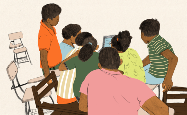 A group of children gathered closely together, intently looking at a computer screen, surrounded by empty chairs and desks in a classroom-like setting. Original illustration: Gustavo Nascimento. Creative Commons BY-NC-SA.