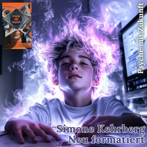 Hintergrund:
Midjourney Prompt: a 13-year-old boy has a pink airy cloud in and around his head, he sits in front of a computer monitor and smiles --ar 1:1 --style raw --sref 207933089 --stylize 400 --v 6.1

Linke obere Ecke:
Cover des Buchs "Psyche mit Zukunft" von Jol Rosenberg

Text:
Simone Kehrberg: Neu formatiert. Psyche mit Zukunft