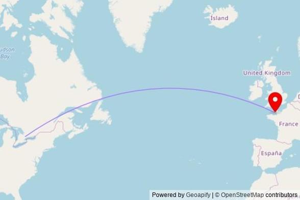 A map showing the great circle route from Newmarket in Canada to a map pin at St. Clement's Church, Grande Route de St. Clement, St Clement, JE2 6GJ, Jersey, Channel Islands